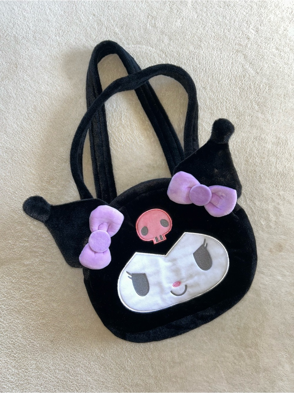 Sanrio Kuromi Black Plush Shoulder Bag with Purple Bows